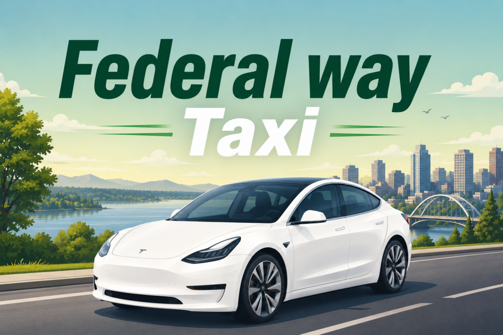 Modern vector illustration of a white Tesla Model 3 with Federal Way Taxi text and a scenic Washington landscape.